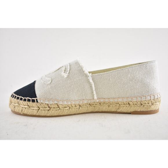 Chanel REV Beige Black Linen Canvas CC Logo Double Sole Espadrille Flat 37 RARE - Picture 9 of 12